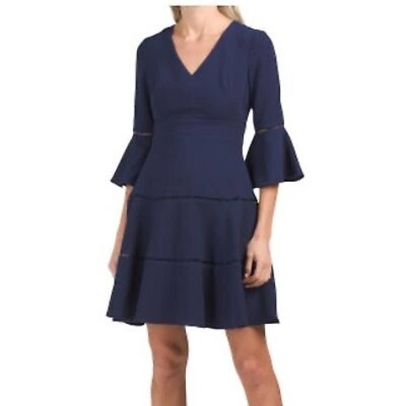 Eliza J 3/4 Bell Sleeve Fit & Flare Navy Dress w/Laddered Insets - Picture 1 of 13